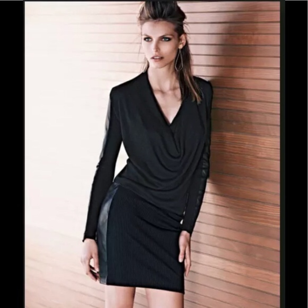 Nicole Miller Leather-Paneled Ribbed-Knit Dress